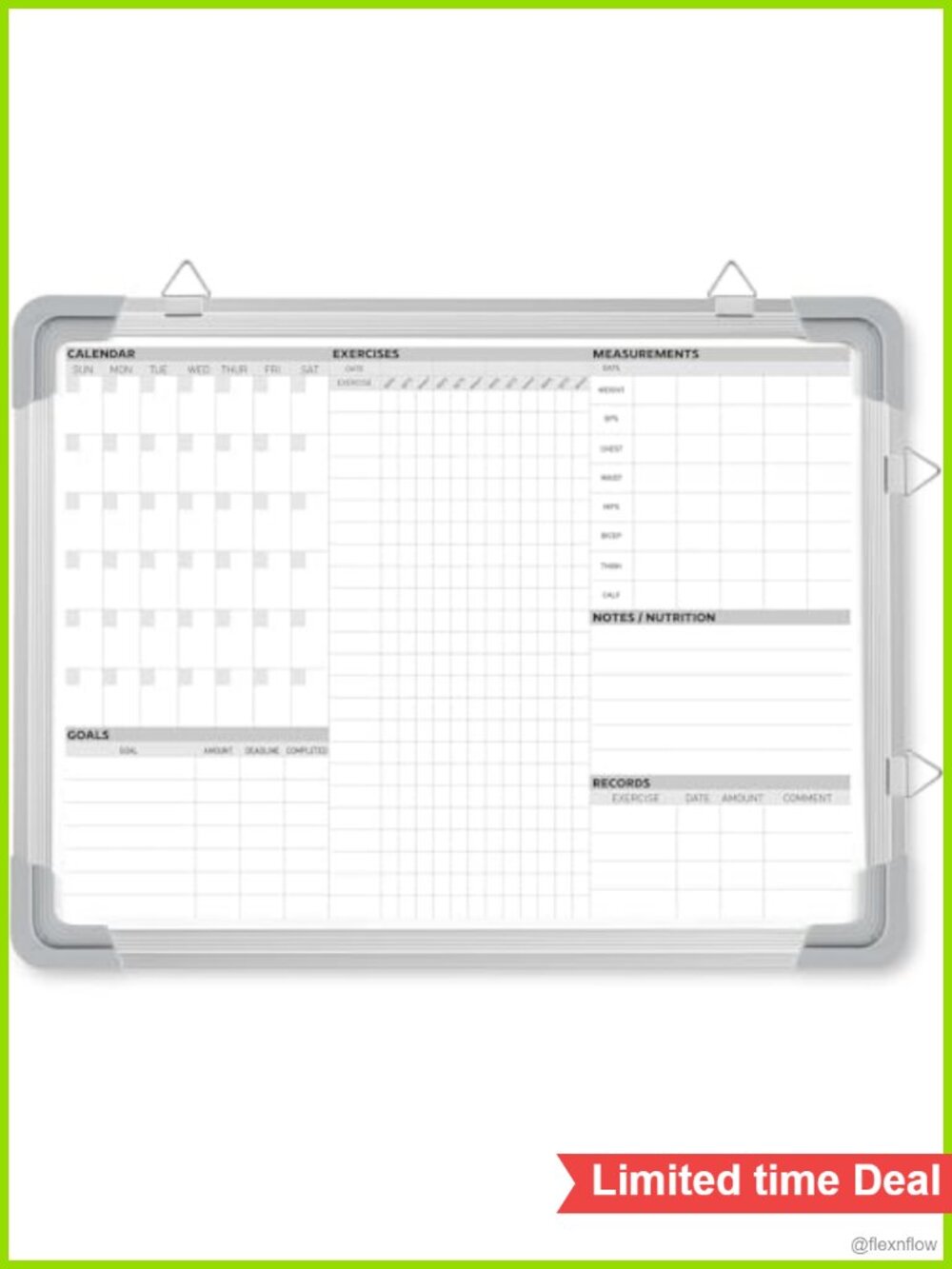 24x18 Fitness Tracker Whiteboard Aluminum Frame Dry Erase Gym Planner